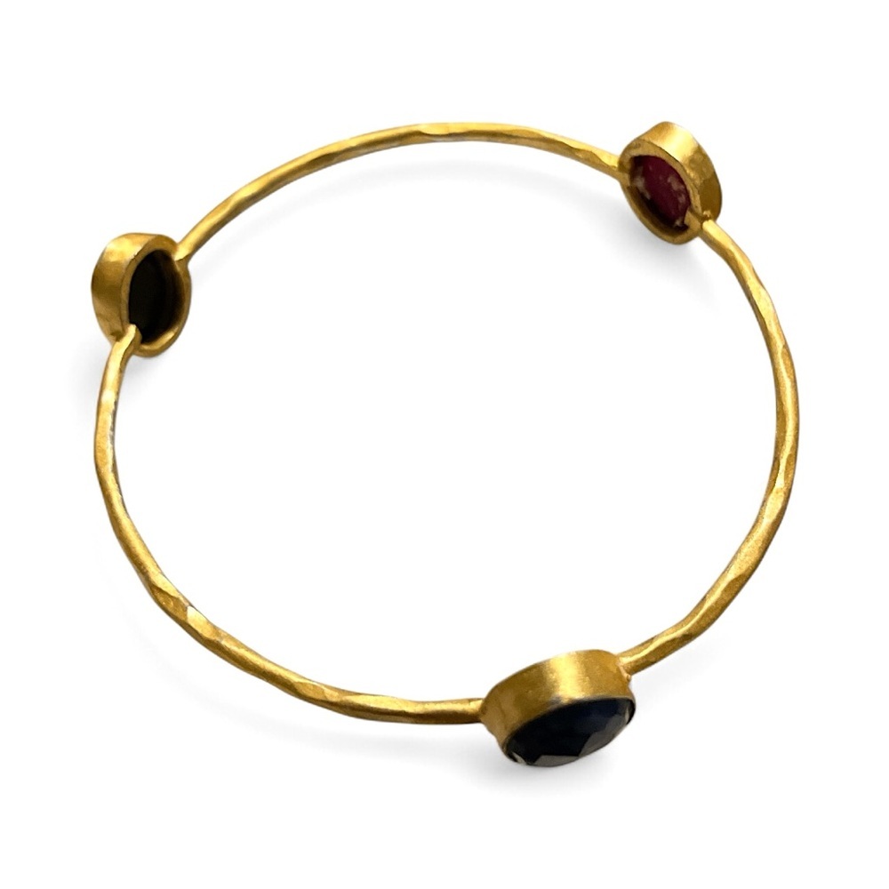 3 Stone Hammered Matte Gold Tone Bangle Jewel Tones Celestial Egyptian Etruscan